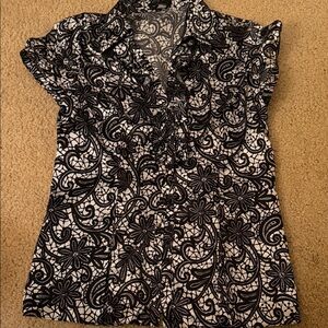 Black & White Floral Lace-Print Cap Sleeve Blouse